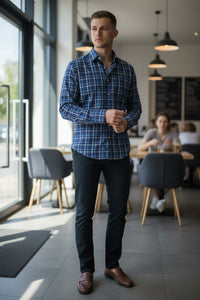 SCOTT BARBER CANCLINI PLAID MEN’S SHIRT - BLUE/NAVY