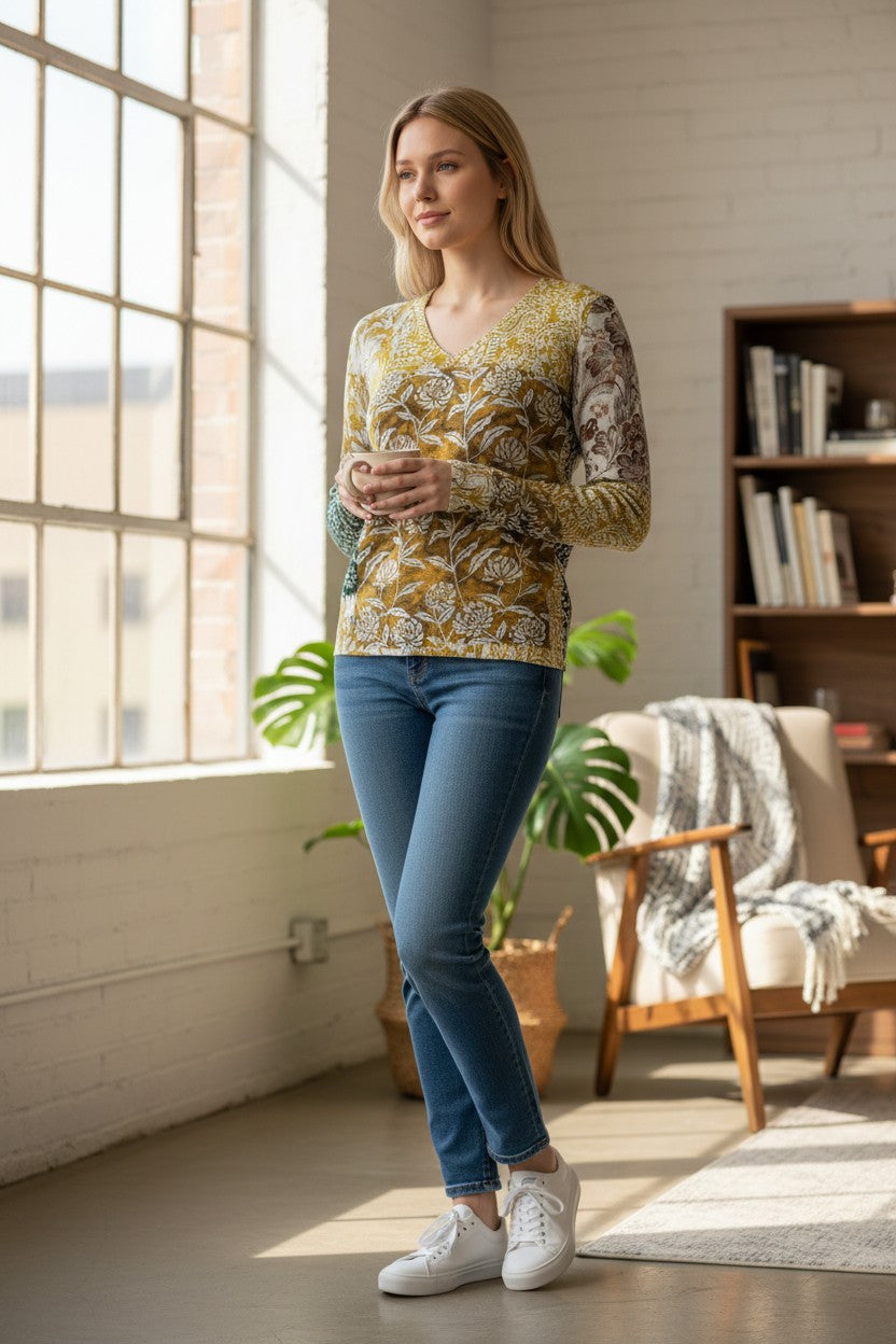 IN BED WITH YOU REVERSIBLE V-NECK SWEATER - PATCHWORK/GREEN FLORAL