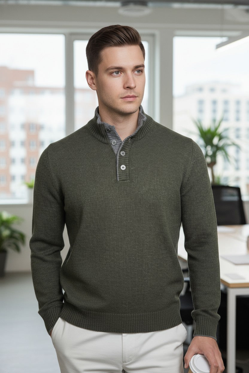 BUTTON DOWN 4-BUTTON TIPPED SWEATER - OLIVE