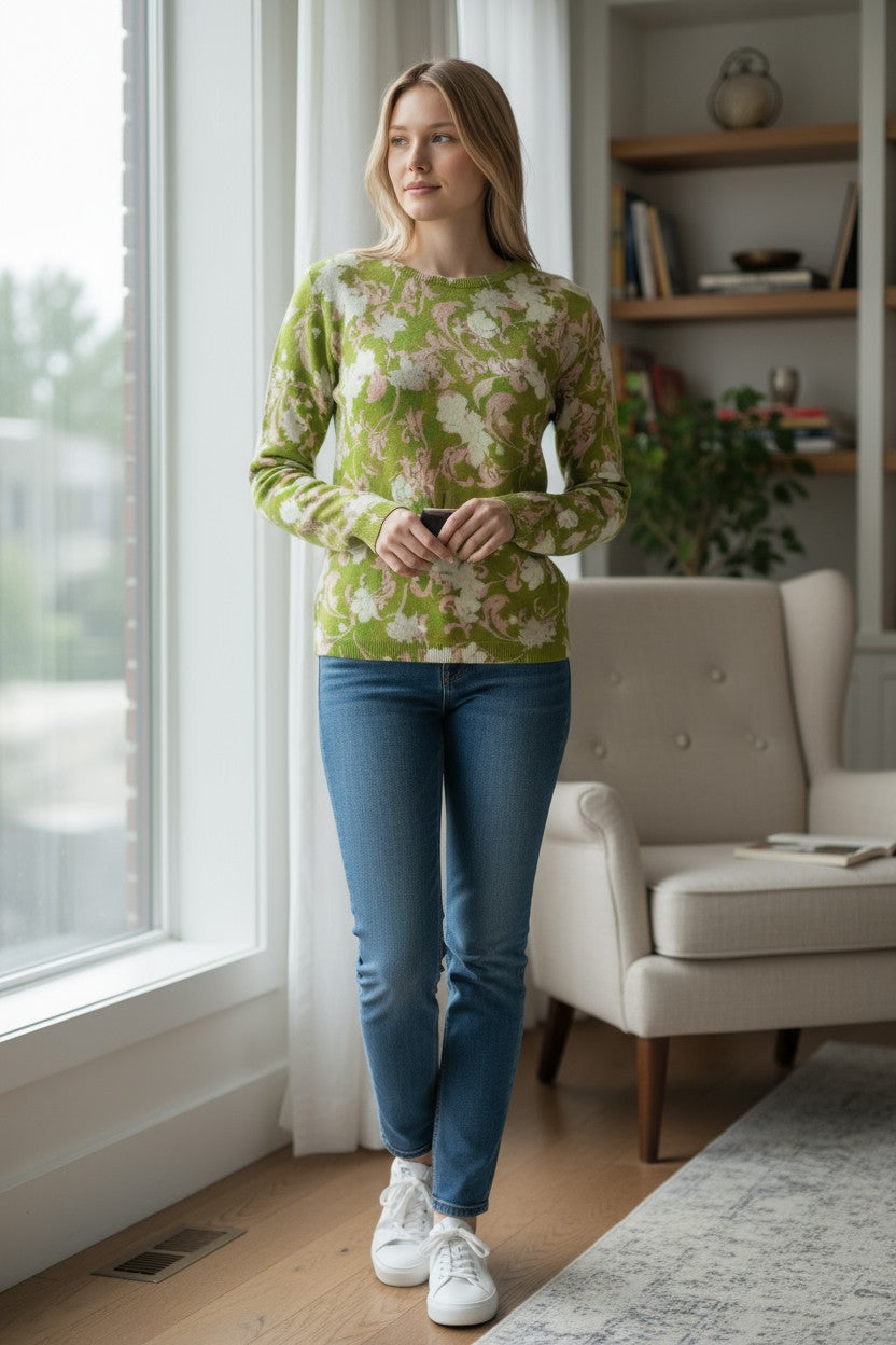 IN BED WITH YOU WOOL CREW NECK SWEATER - GREEN FLORAL