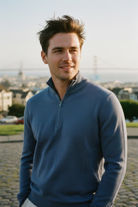 BUTTON DOWN COTTON 1/4 ZIP SWEATER - DARK DENIM