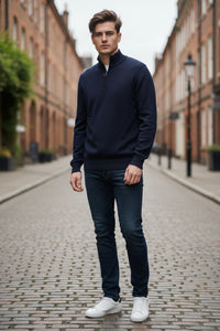 BARBOUR COTTON HALF ZIP SWEATER - NAVY