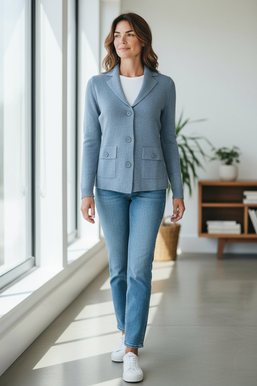 KINROSS CABLE SLEEVE NOTCH COLLAR CARDIGAN - COVE