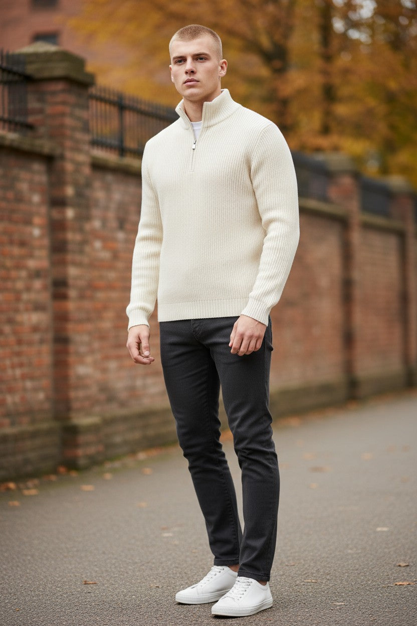 BUTTON DOWN RAINWOOL 1/4 ZIP SWEATER - IVORY