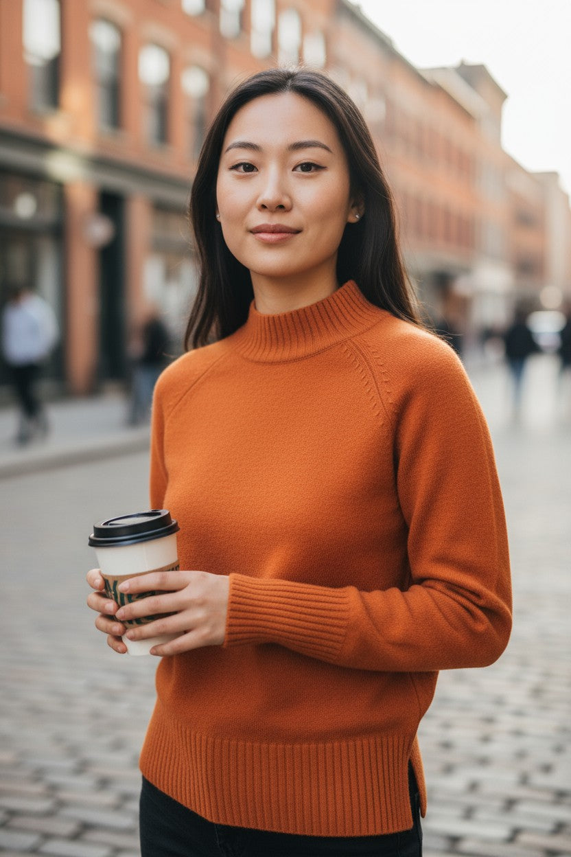 KINROSS HI LOW RIB TRIM FUNNEL SWEATER - BRANDY