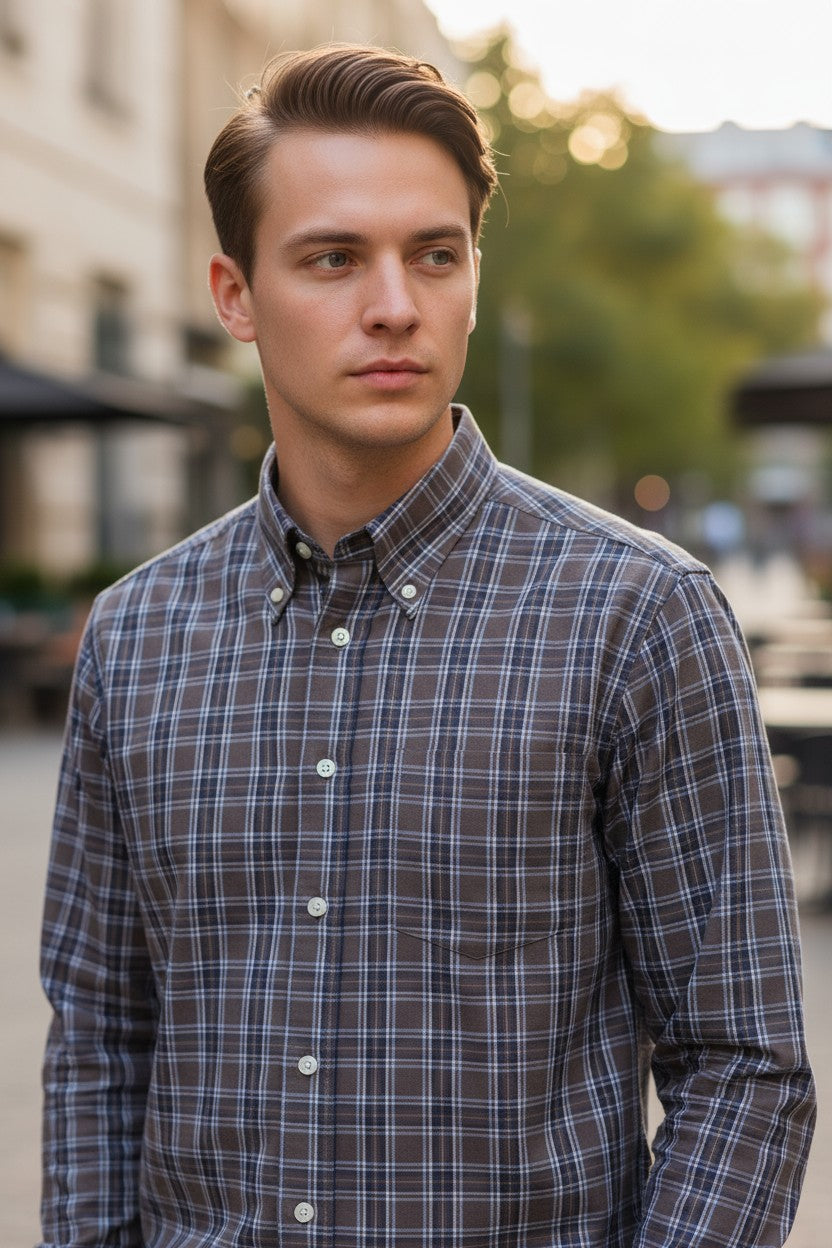 FINAMORE 1925 SHIRT - BRUSHED TWILL GREY/BLUE CHECK