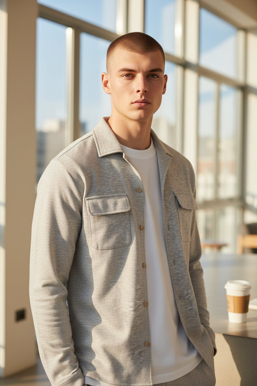 ELEVENTY MEN'S COTTON JERSEY OVERSHIRT - MELANGE LIGHT GREY