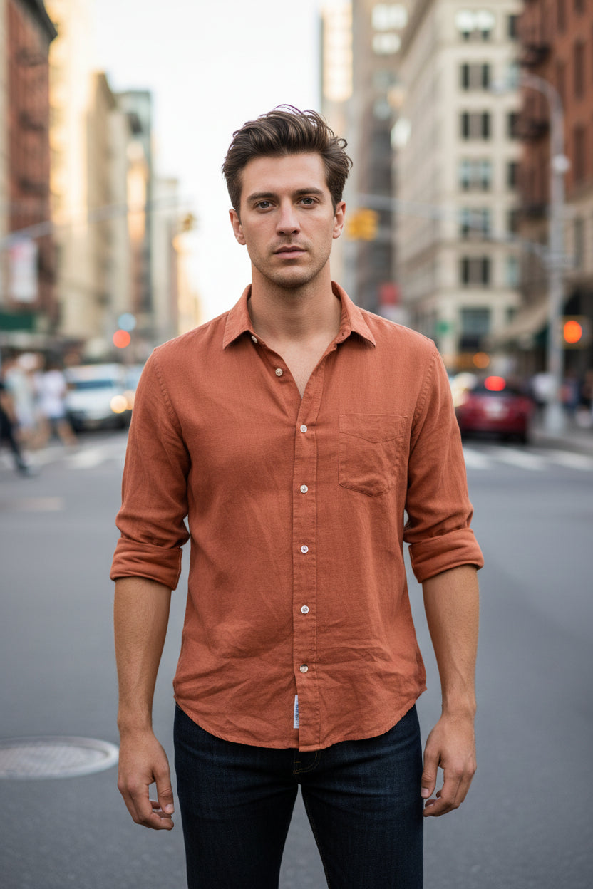 HARTFORD MEN'S CASUAL LINEN SHIRT - FADED COPPER