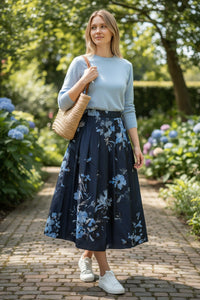 ROSSO 35 FLORAL TAFFETA SKIRT - NAVY