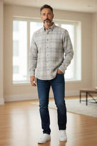SCOTT BARBER ESSEX FLANNEL PLAID MEN’S SHIRT - GREY HEATHER