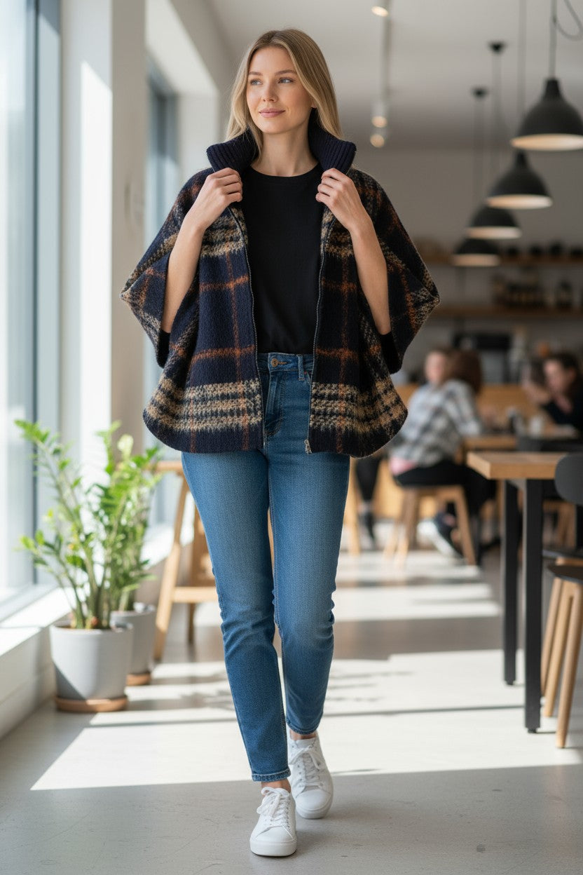 PUROTATTO PLAID CAPE - NAVY & TAN