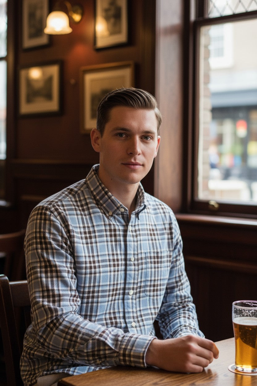 ALAN PAINE CLASSIC FIT SHIRT - CHOCOLATE/LIGHT BLUE PLAID