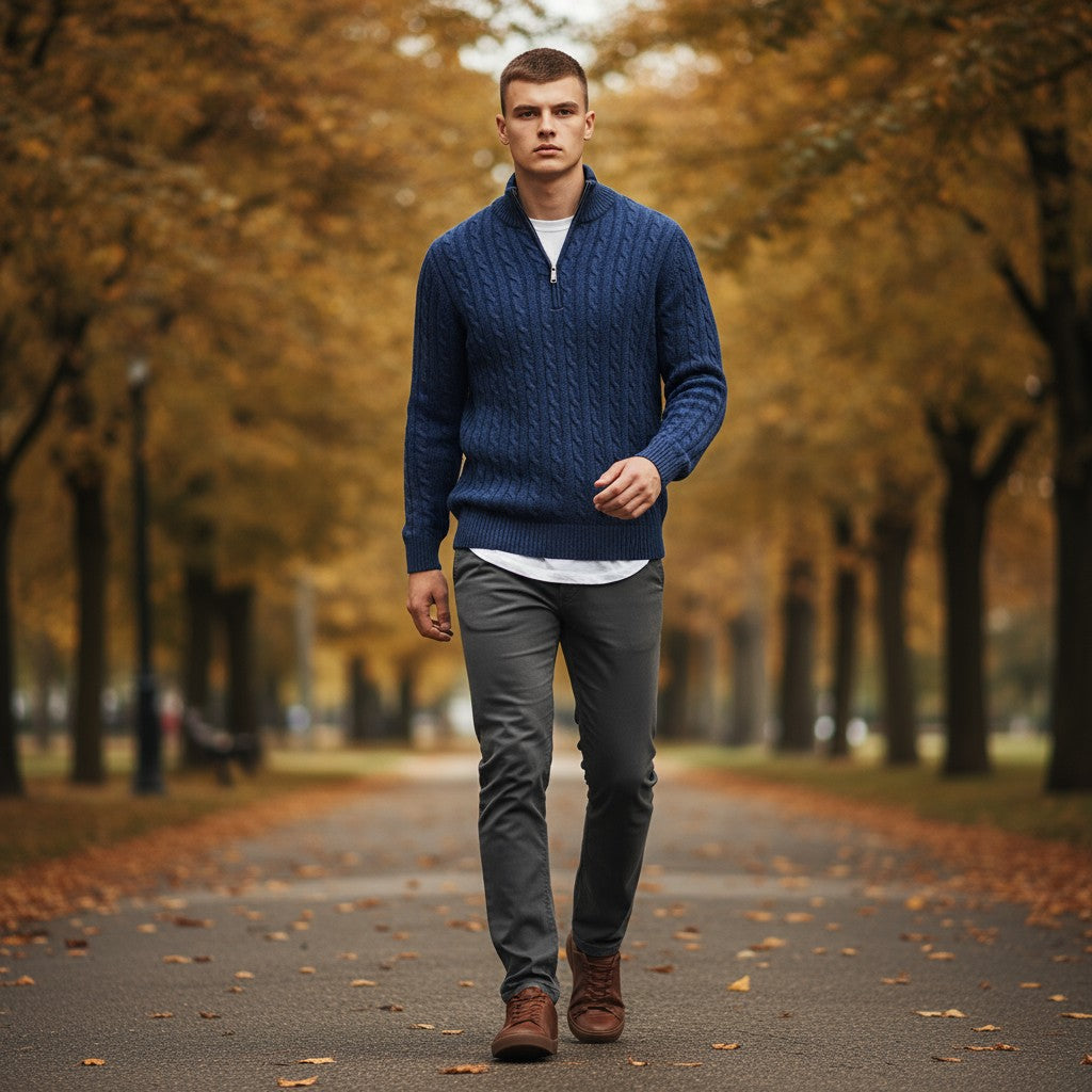 ADESI CASHMERE MEN'S CABLE 1/2 ZIP SWEATER - INCHIOSTRO