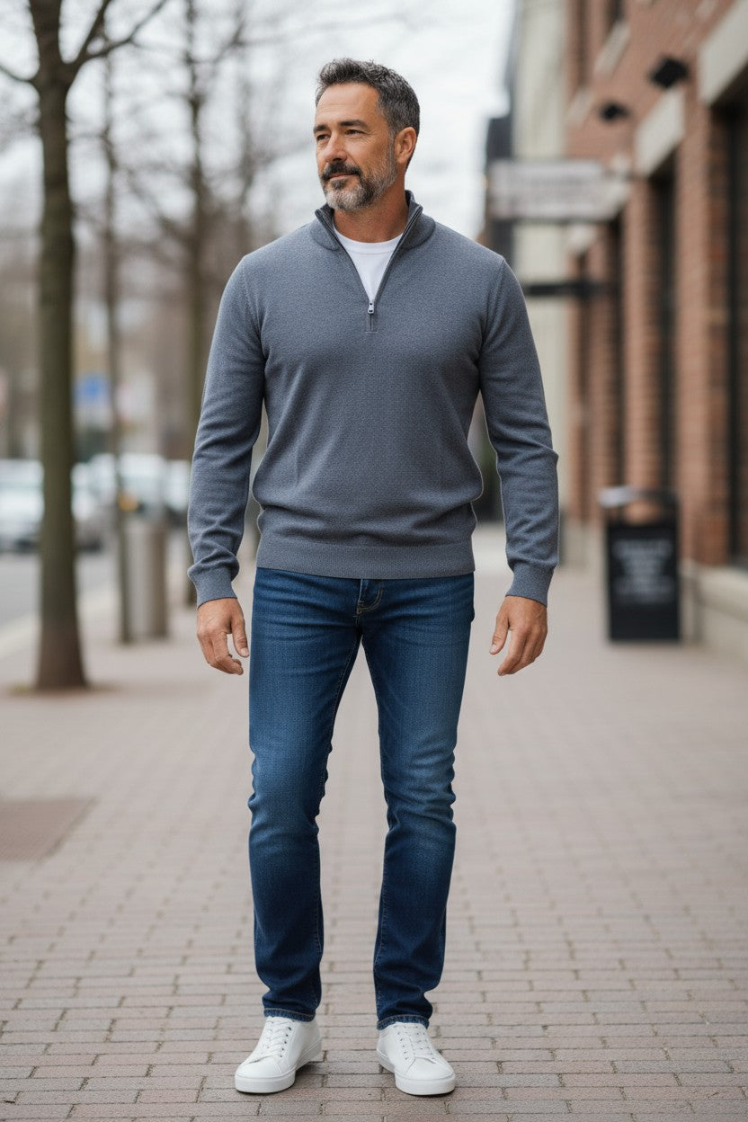 BUTTON DOWN VINTAGE 1/4 ZIP SWEATER - DARK DENIM