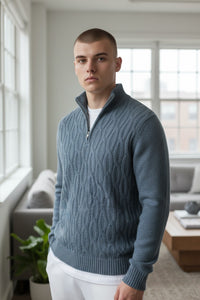 FIORONI CASHMERE MEN'S CHAIN CABLE 1/4 ZIP SWEATER - PETROL