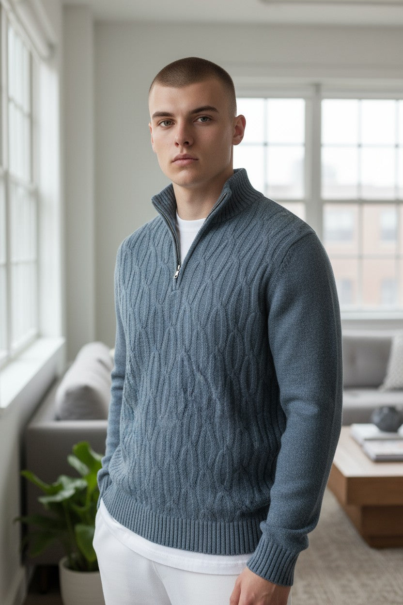 FIORONI CASHMERE MEN'S CHAIN CABLE 1/4 ZIP SWEATER - PETROL