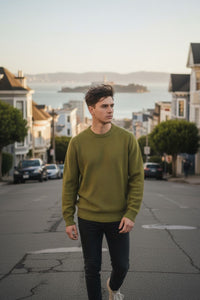 BUTTON DOWN WAFFLE WEAVE CREW SWEATER - LODEN