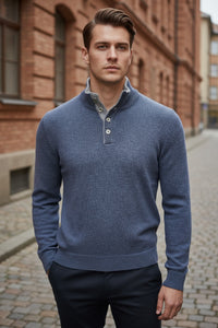 BUTTON DOWN 4-BUTTON TIPPED SWEATER - DENIM