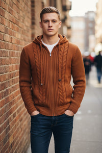 LEFT COAST TEE CABLE ZIP HOODED SWEATER - RUST COMBO