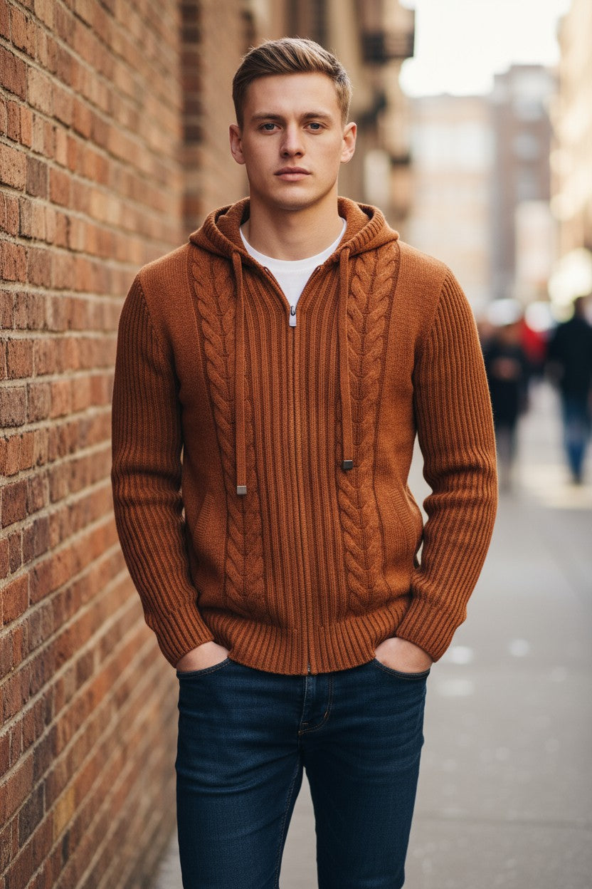LEFT COAST TEE CABLE ZIP HOODED SWEATER - RUST COMBO