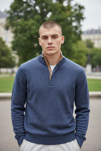 BUTTON DOWN WOOL/CASHMERE 1/4 ZIP SWEATER - NAVY