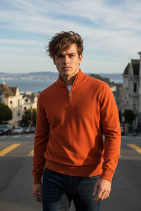 BUTTON DOWN COTTON 1/4 ZIP SWEATER - RUST