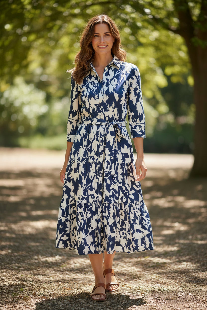 PUROTATTO LONG SHIRT DRESS - NAVY & WHITE FLORAL