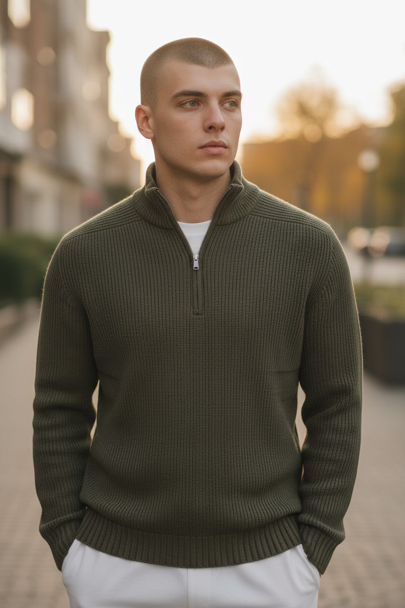 BUTTON DOWN RAINWOOL 1/4 ZIP SWEATER - LODEN