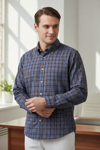 GMF 965 MEN'S SPORT SHIRT - MID BLUE/BROWN OUTLINED CHECK