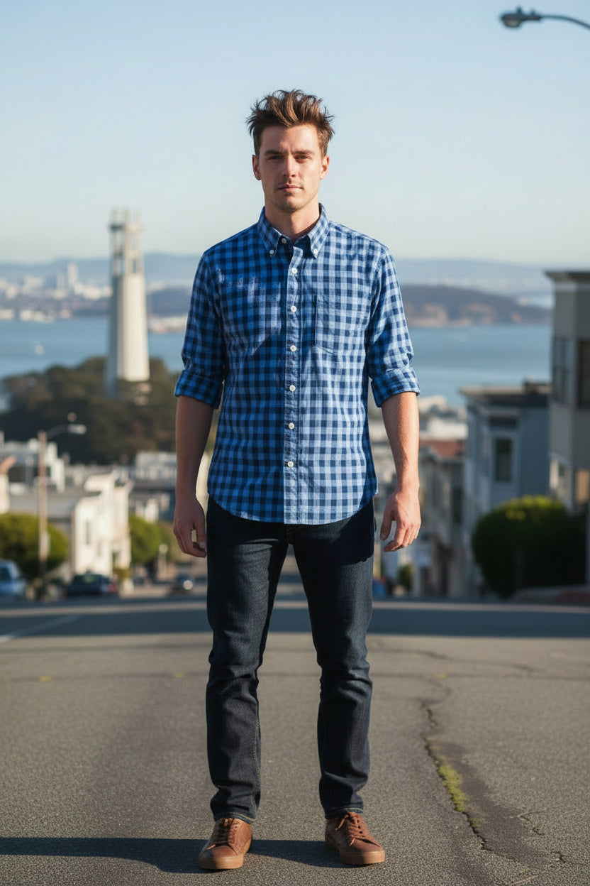 BUTTON DOWN SPORT SHIRT - NAVY/BLUE BUFFALO CHECK