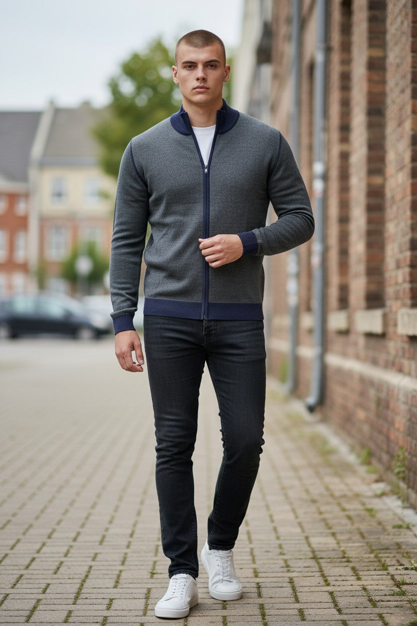 BUTTON DOWN BIRDSEYE FULL ZIP SWEATER - GREEN/NAVY