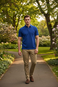 BUTTON DOWN MEN'S TECH PIQUE POLO - SOLID COBALT BLUE