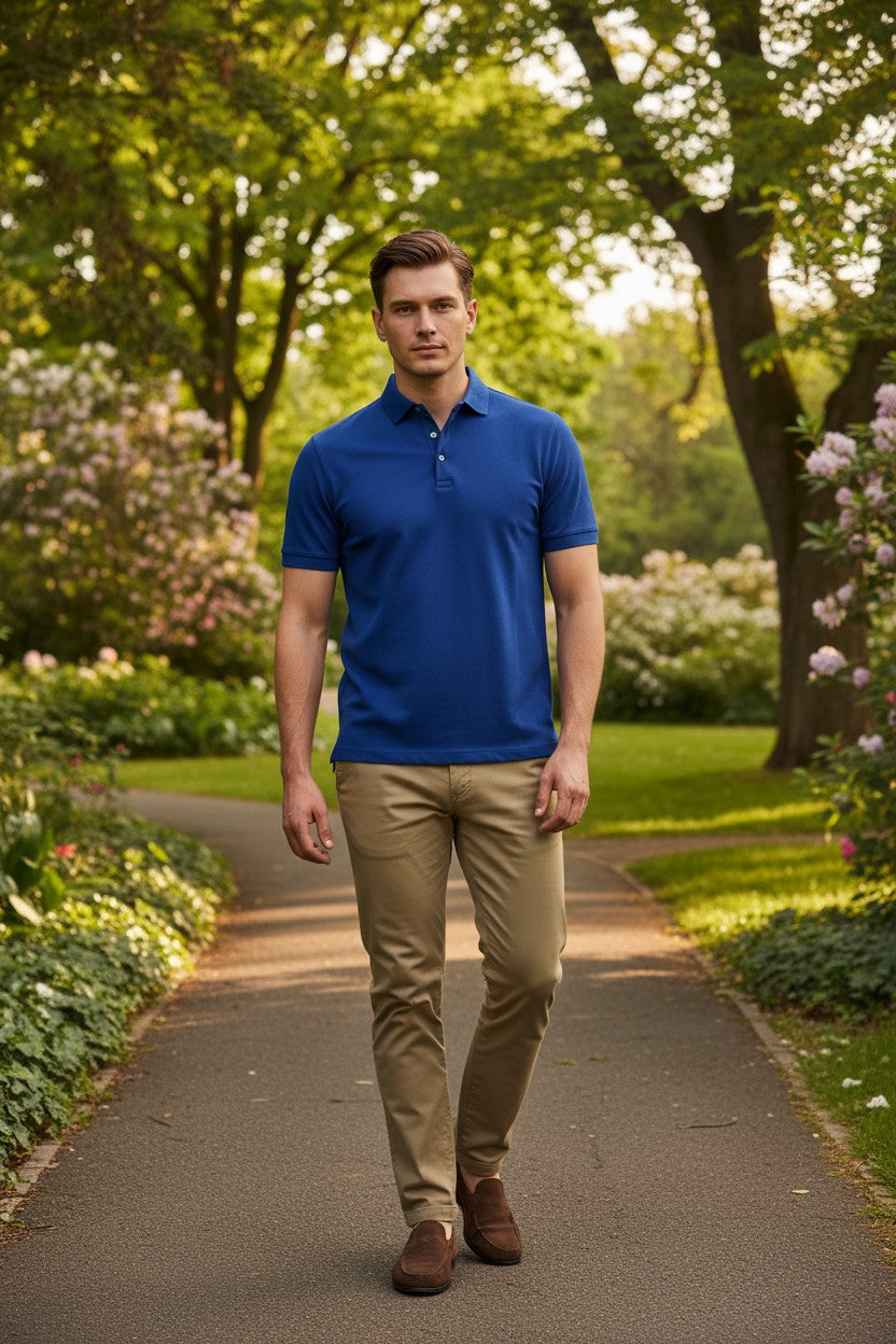 BUTTON DOWN MEN'S TECH PIQUE POLO - SOLID COBALT BLUE