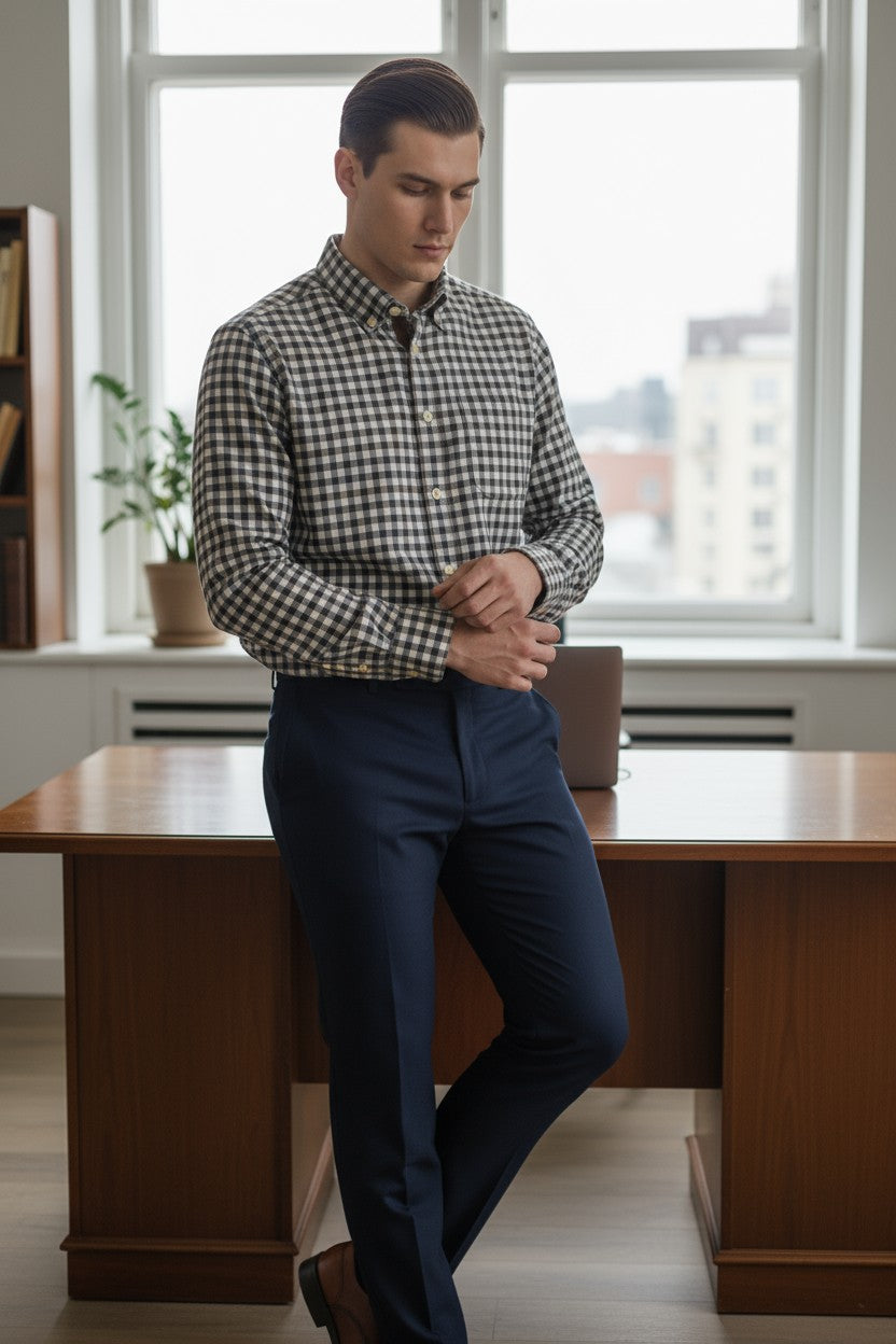 GMF 965 MEN'S SPORT SHIRT - NAVY/BROWN MID CHECK