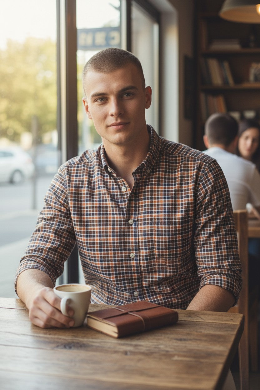 SCOTT BARBER PREP TWILL CHECK MEN’S SHIRT - NAVY
