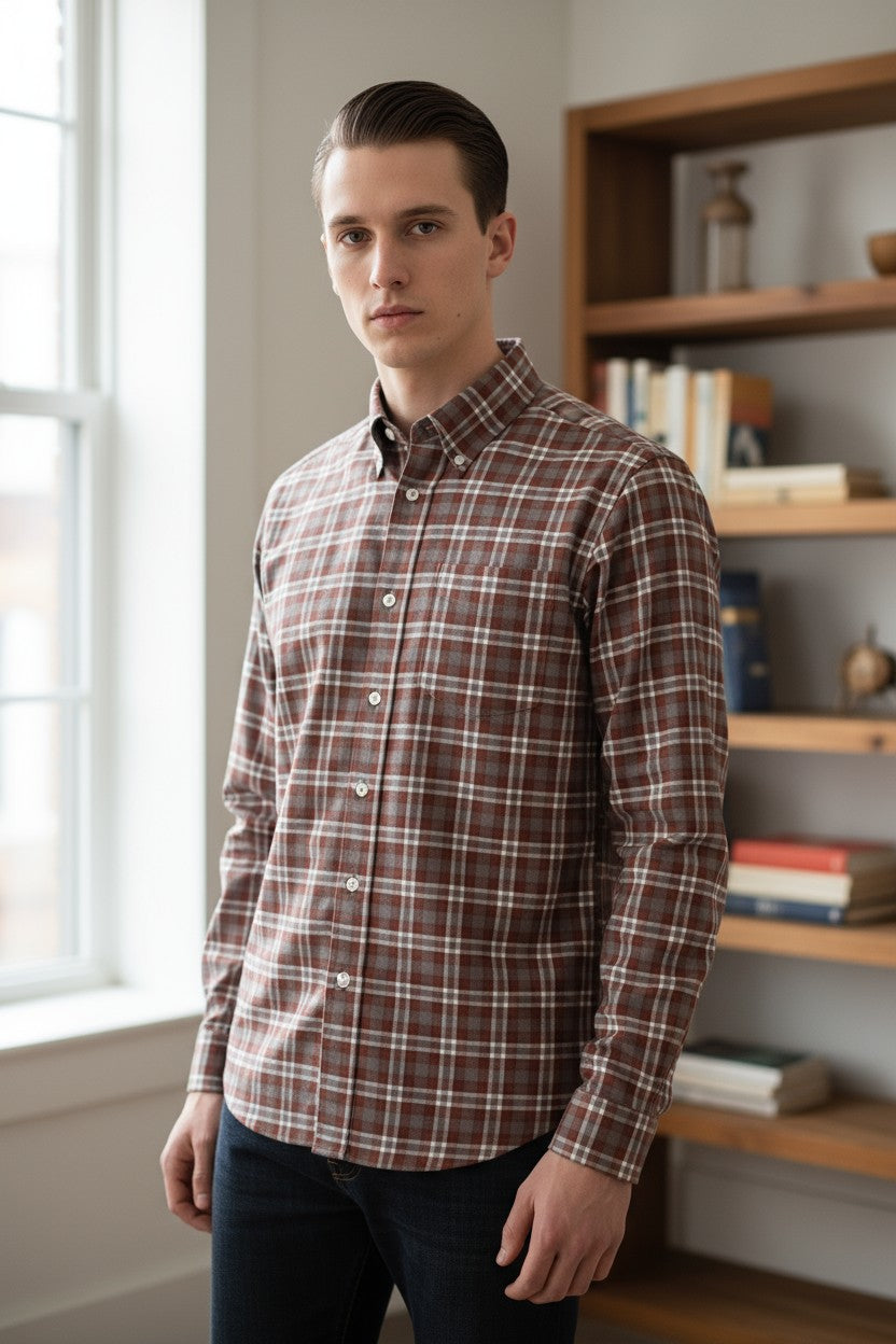 FINAMORE 1925 SHIRT - RUST/GREY CHECK