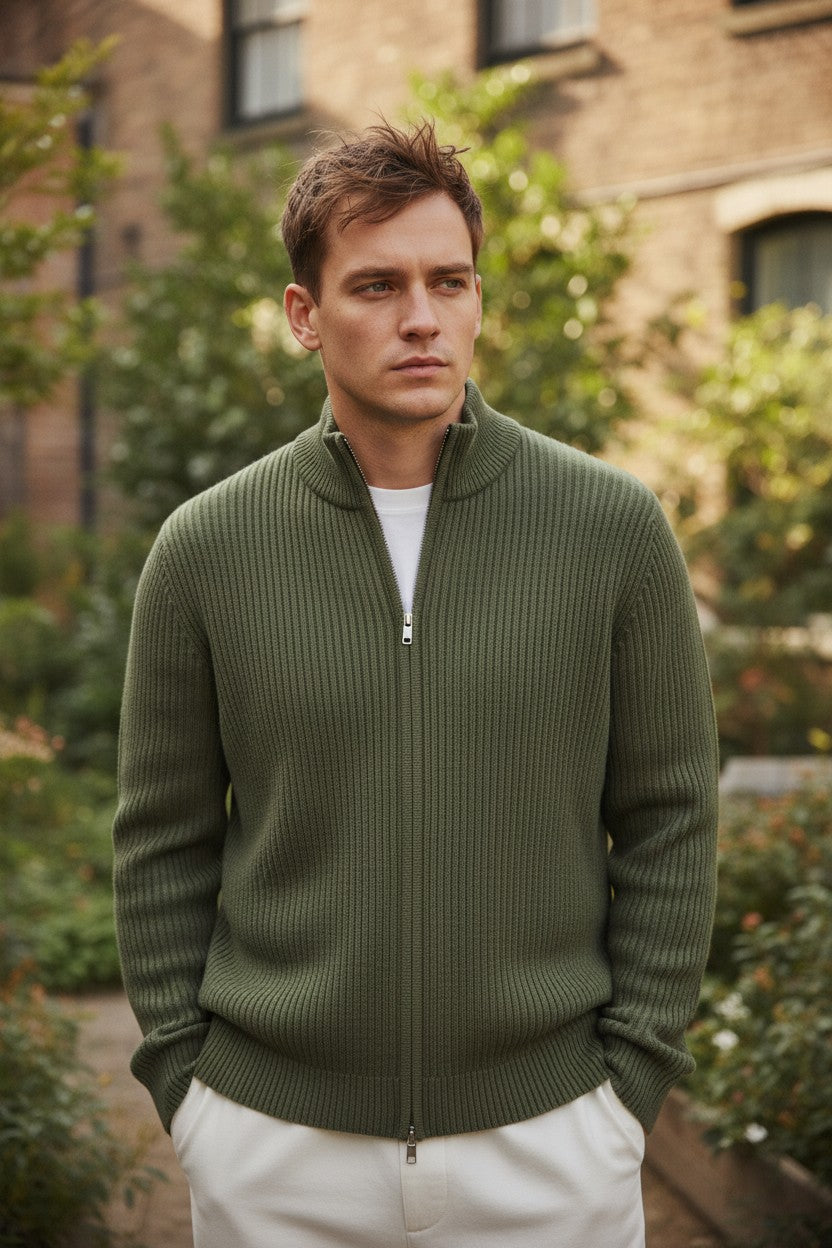 BUTTON DOWN WOOL/CASHMERE FULL ZIP SWEATER - GREEN