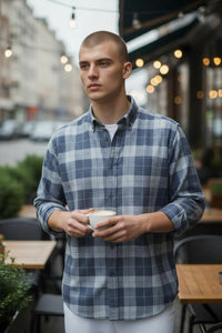 CALDER CARMEL MEN'S SHIRT - NAVY BLUE DOUBLE BRUSHED EXPLODED PLAID