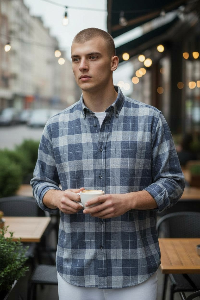 CALDER CARMEL MEN'S SHIRT - NAVY BLUE DOUBLE BRUSHED EXPLODED PLAID