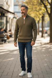 FIORONI CASHMERE MEN'S SUEDE TRIM RIBBED 1/4 ZIP SWEATER - BORNEO