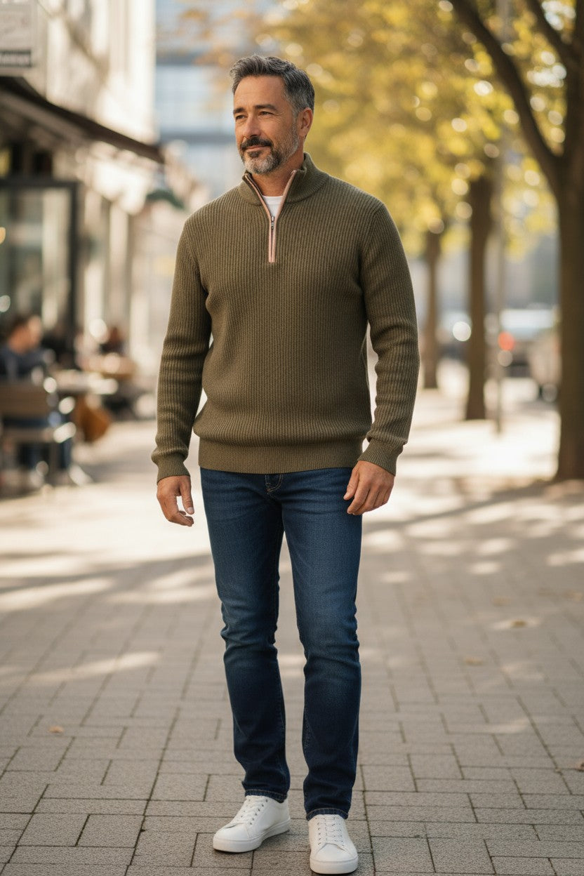 FIORONI CASHMERE MEN'S SUEDE TRIM RIBBED 1/4 ZIP SWEATER - BORNEO