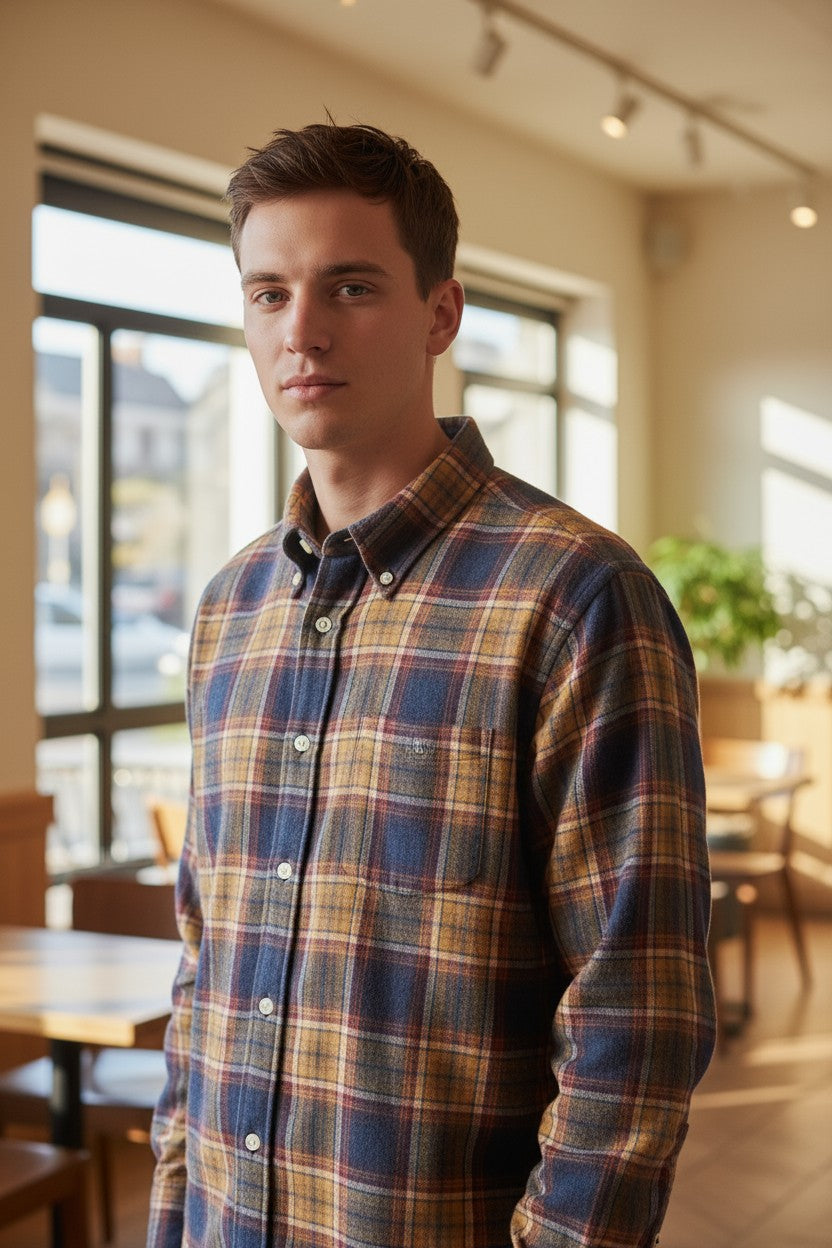 HARTFORD MEN'S CASUAL BRUSHED TARTAN SHIRT - BLUE & GOLD