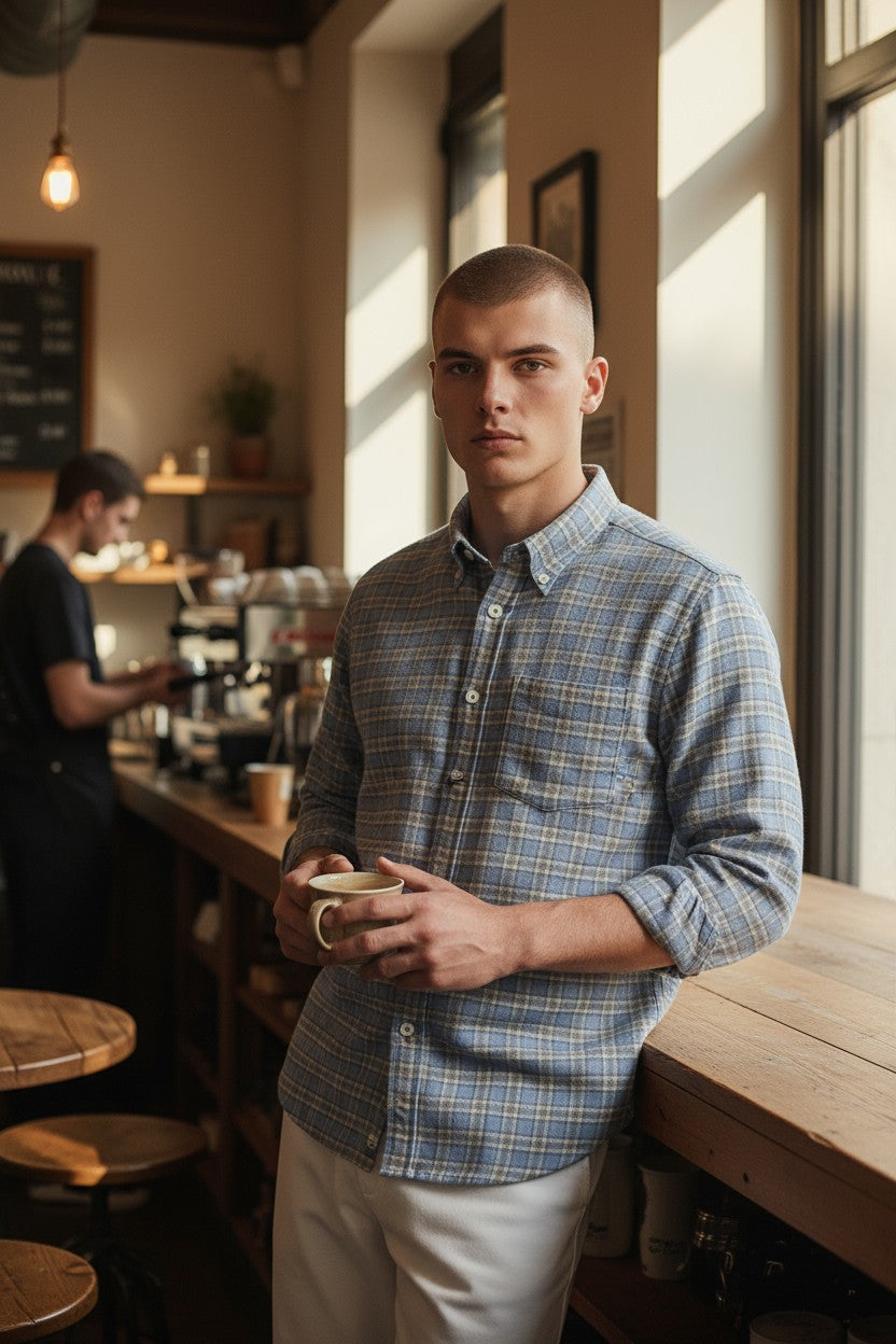 PAUL & SHARK MEN'S SHIRT - LIGHT BLUE/GREY/SAGE CHECK