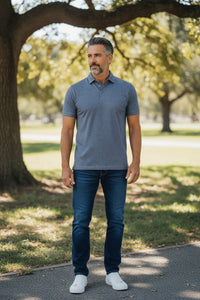 BUTTON DOWN MEN'S TECH POLO - HEATHER ADMIRAL BLUE