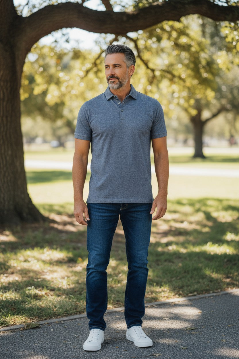 BUTTON DOWN MEN'S TECH POLO - HEATHER ADMIRAL BLUE