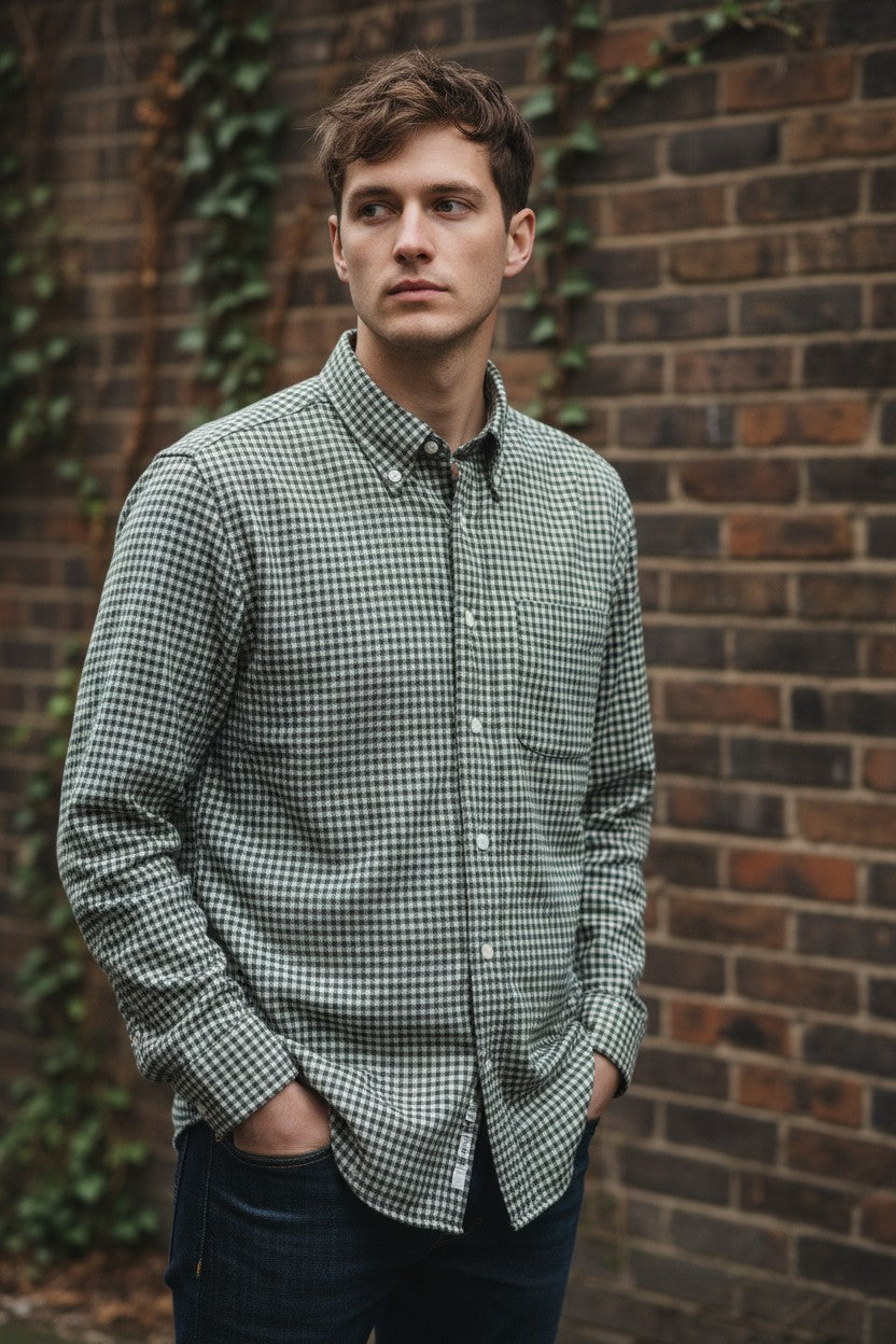 HARTFORD MEN'S CASUAL GINGHAM SHIRT - GREEN & IVORY