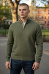 BUTTON DOWN WOOL/CASHMERE 1/4 ZIP SWEATER - OLIVE