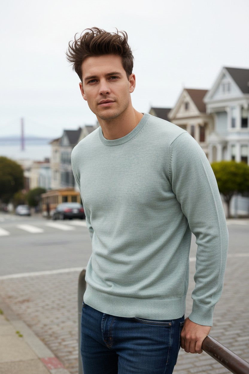 BUTTON DOWN COTTON/CASHMERE CREW SWEATER - HEATHER GREEN