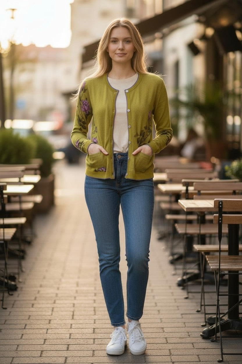 IN BED WITH YOU WOOL CARDIGAN - CHARTREUSE WITH ROSES