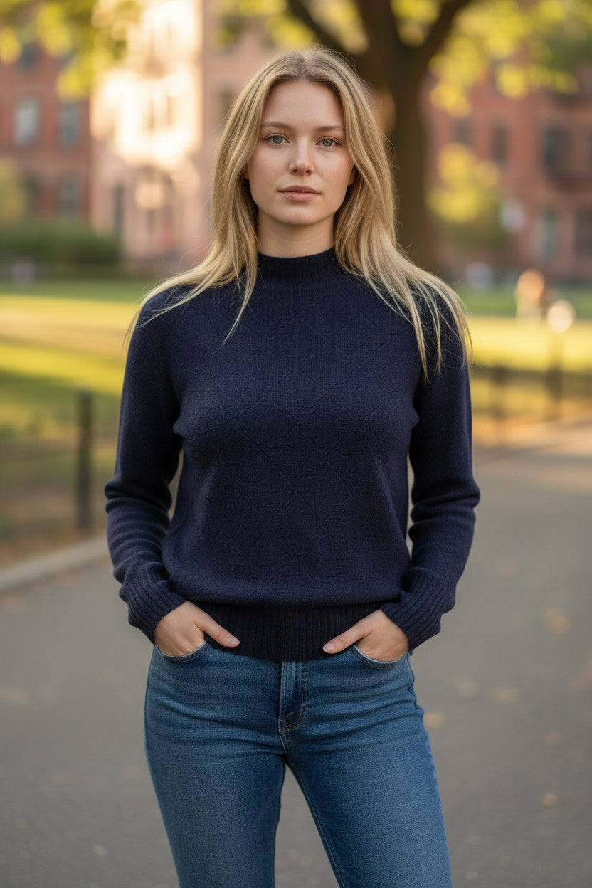 FLORA FEDI MERINO FUNNEL NECK SWEATER - NAVY